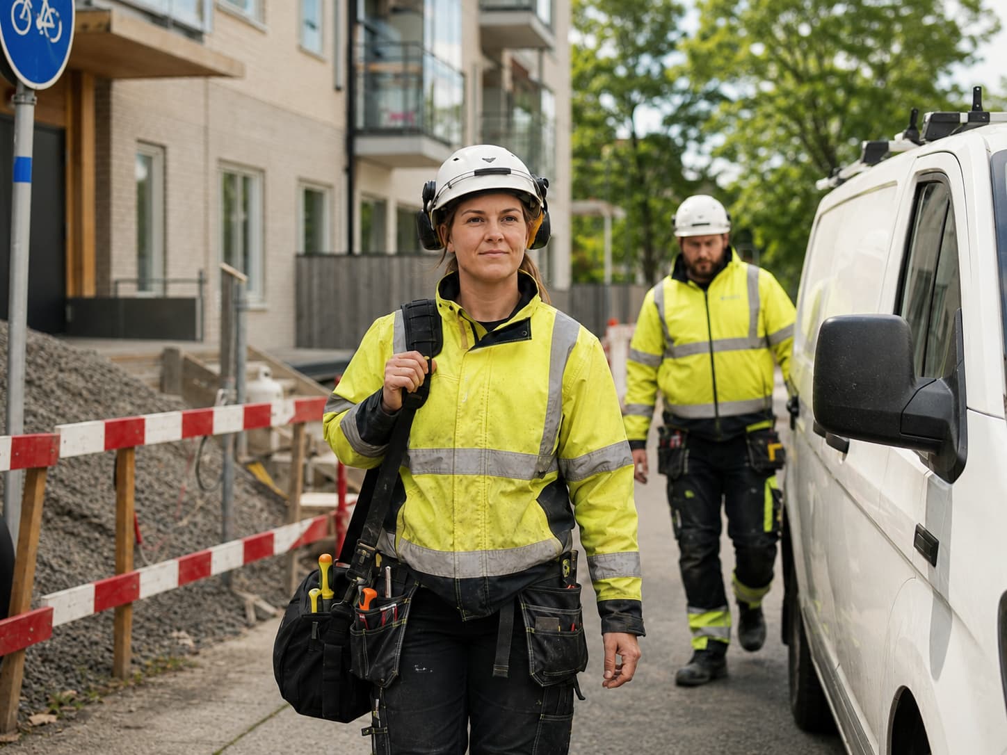 Två byggarbetare i gula varselkläder och vita hjälmar går längs en byggarbetsplats i ett bostadsområde, med verktyg och byggmaterial i bakgrunden.