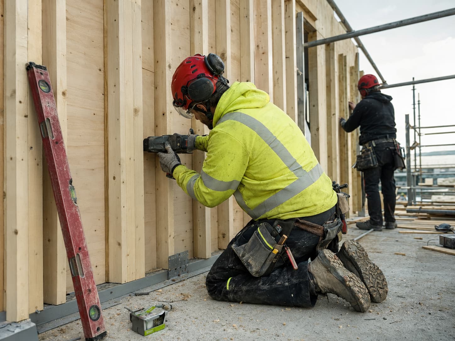 Byggare i varselkläder skruvar fast träreglar vid resning av trästomme på byggarbetsplats